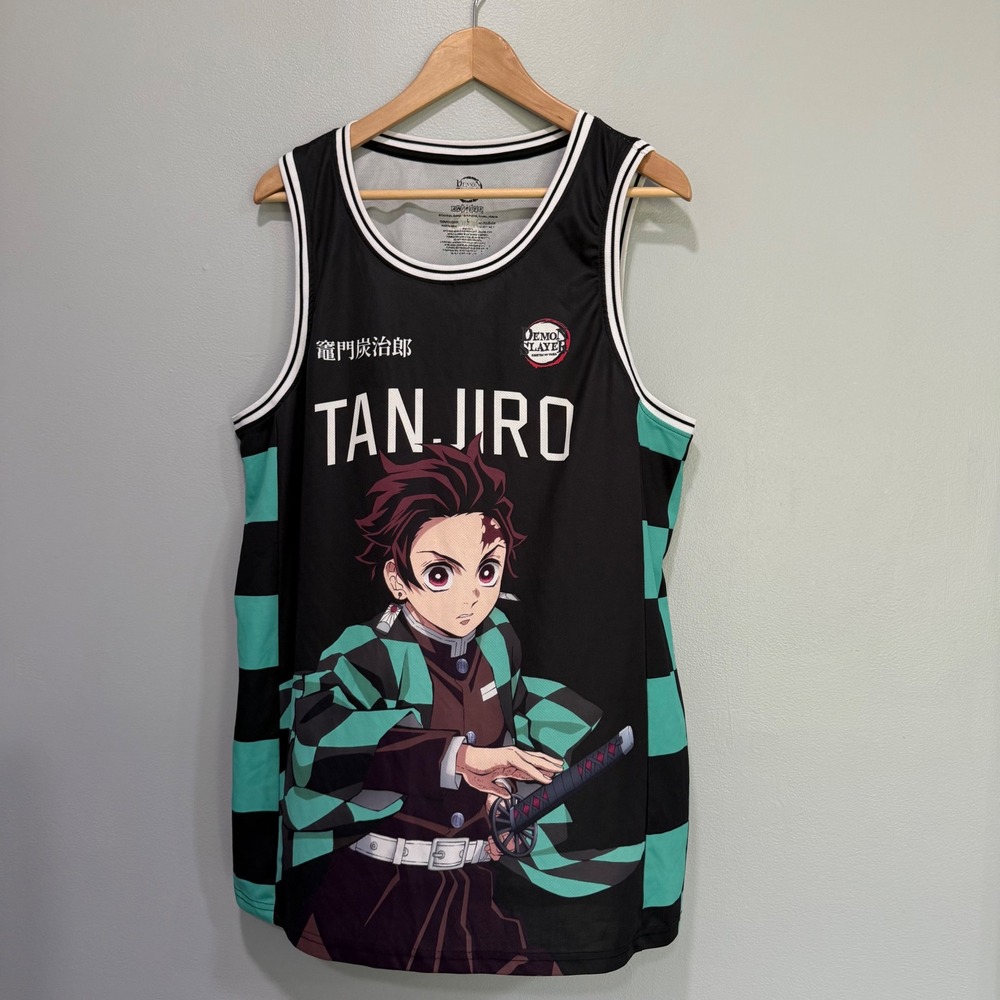 Demon Slayer Tanjiro Kamado Basketball Jersey Black Green Mesh Tank Top Large